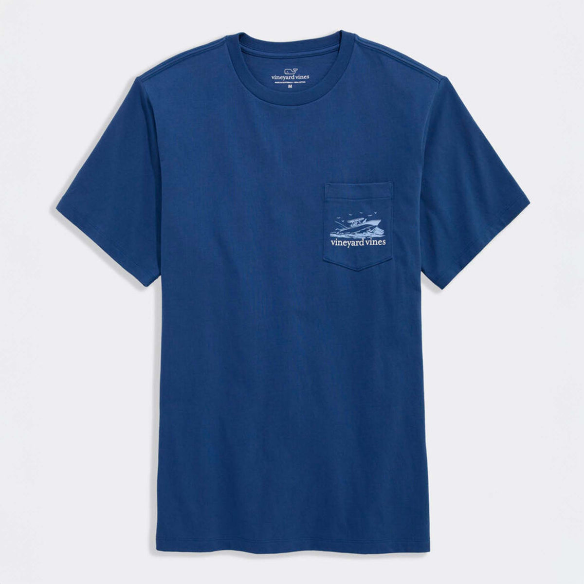 Blue t-shirt with a pocket and visible brand logo on a light gray background