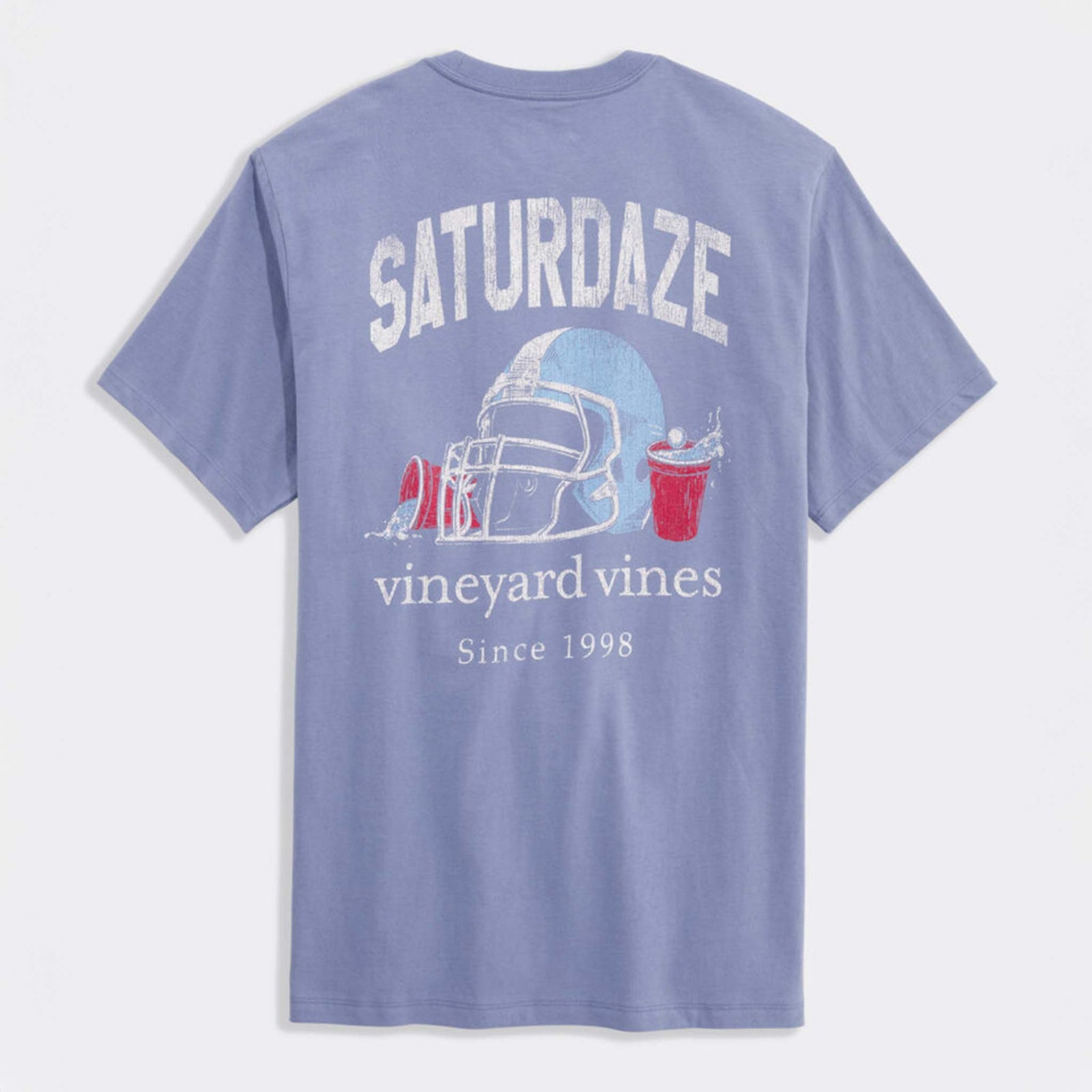 Blue t-shirt with 'Saturdaze' graphic and 'vineyard vines' branding on a light gray background
