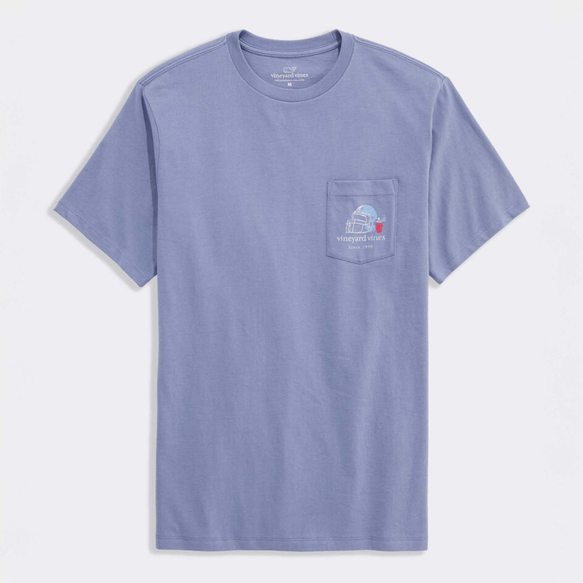 Blue t-shirt with a pocket and logo on a light gray background