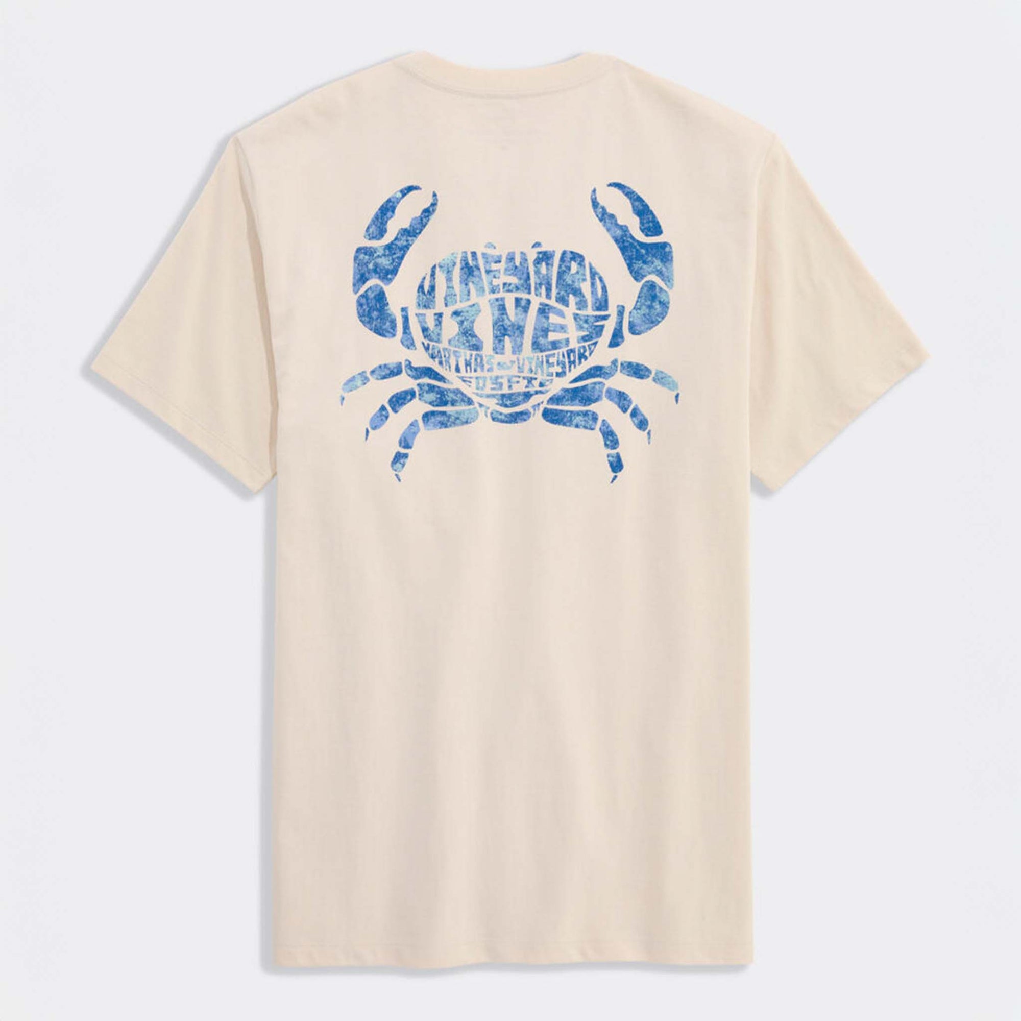 Beige t-shirt with blue crab graphic on a light gray background