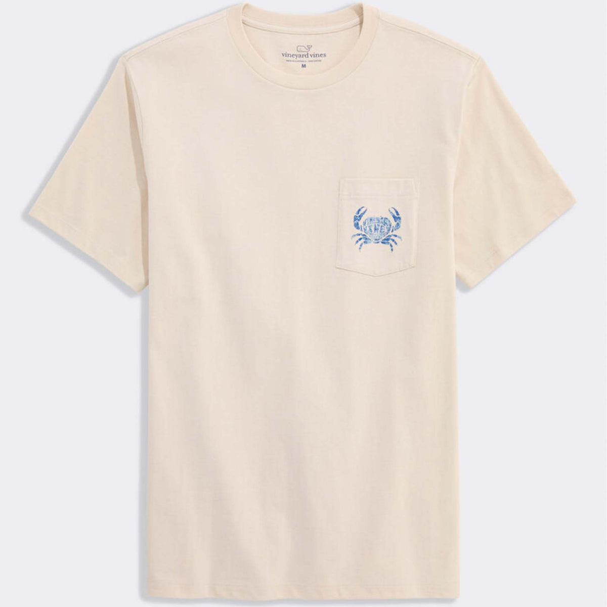 Beige t-shirt with a blue graphic on a white background
