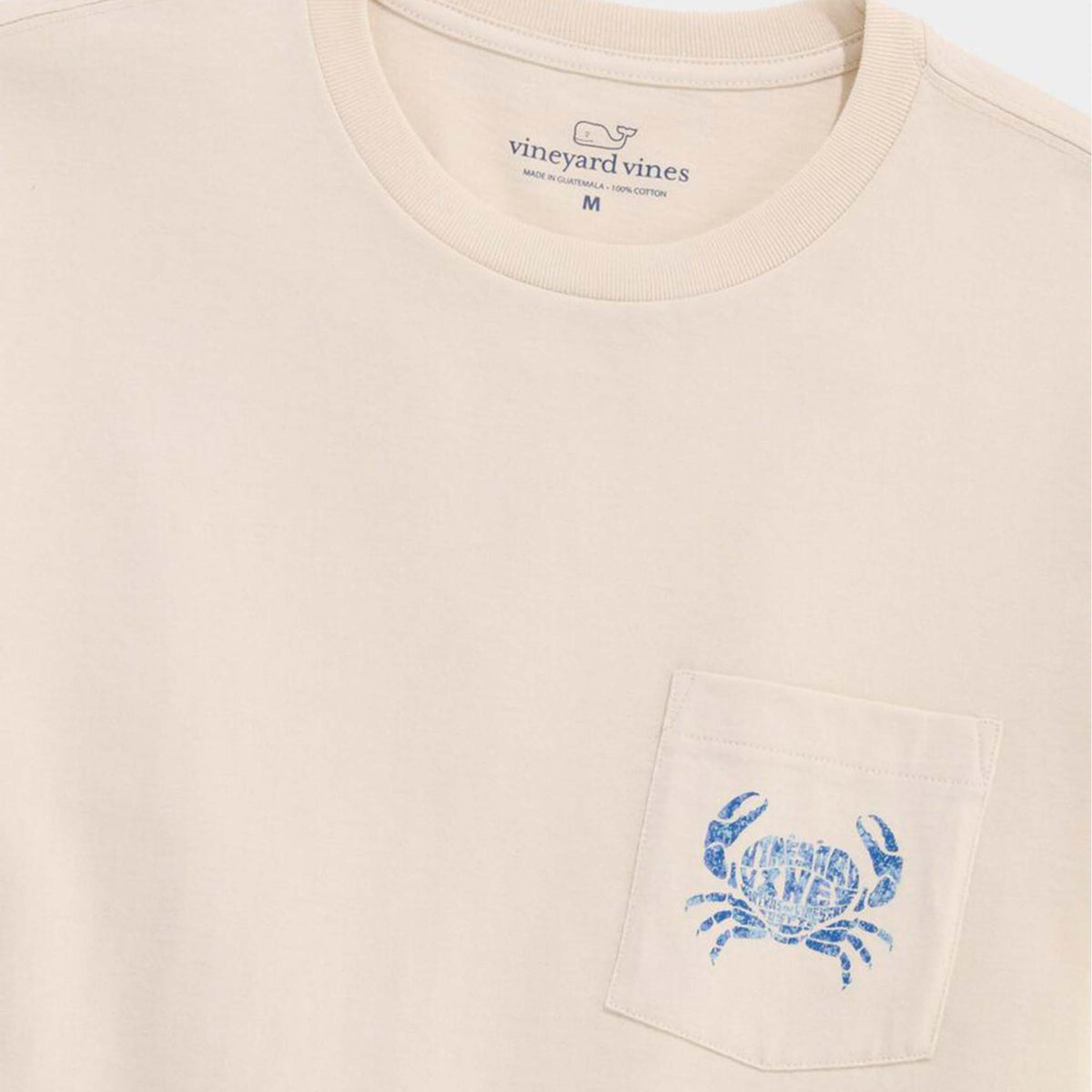 Beige t-shirt with blue crab graphic and Vineyard Vines logo on a white background