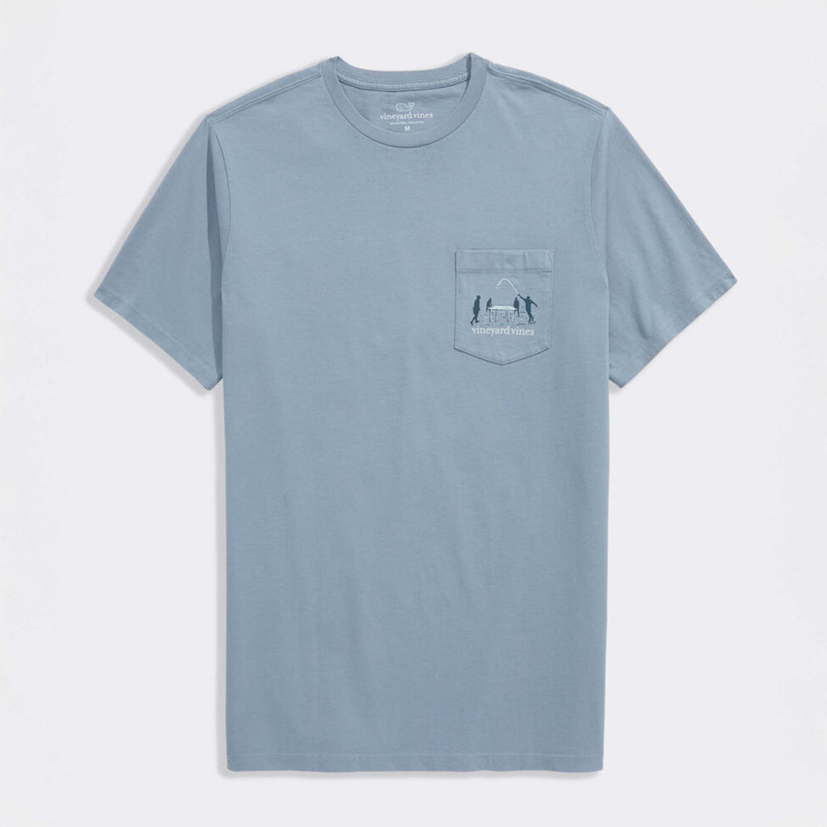 Front view of light blue Vineyard Vines short sleeve pocket t-shirt with small beach game graphic and logo on pocket.