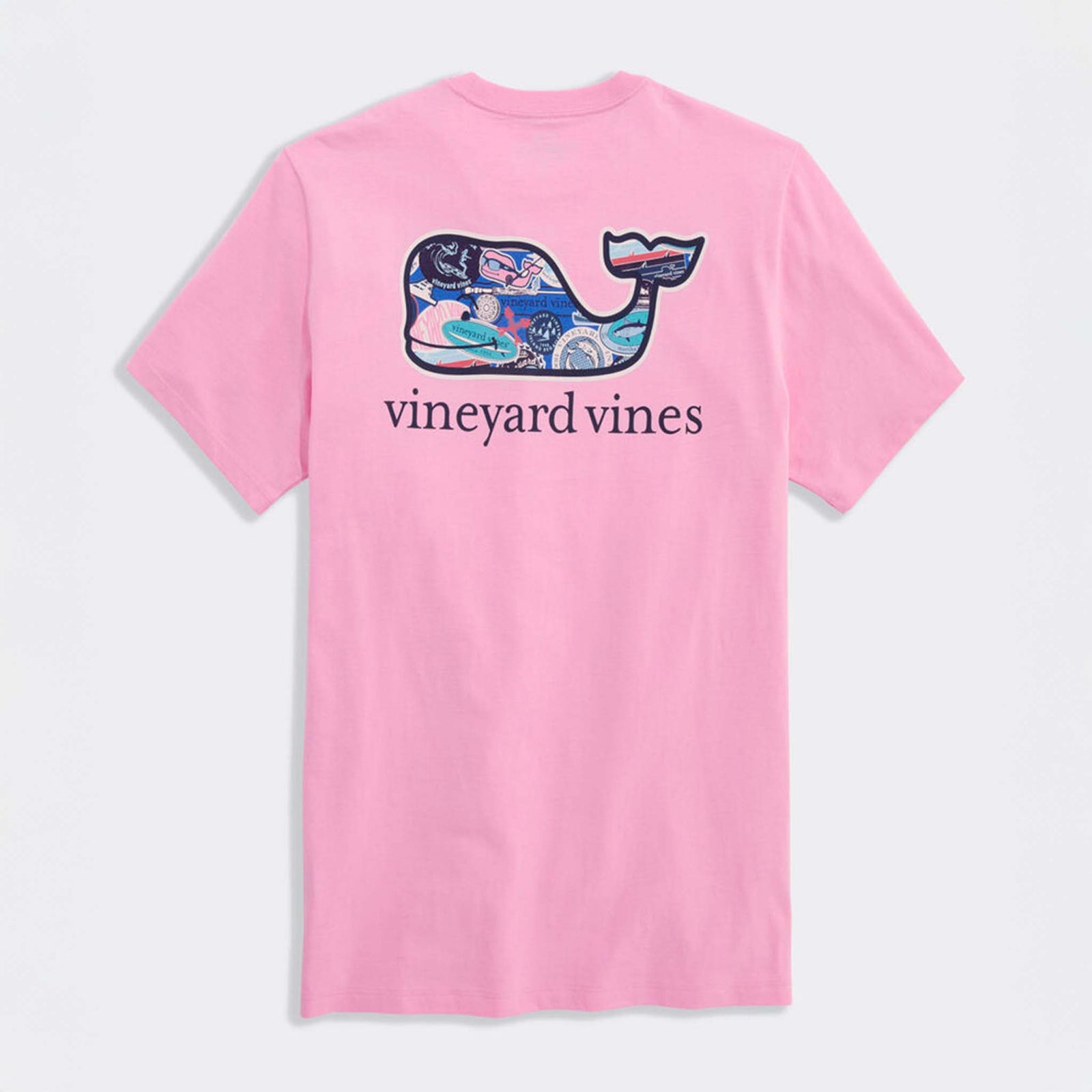Pink Vineyard Vines short sleeve t-shirt with large whale logo filled with collage-style nautical graphics and “vineyard vines” text below.