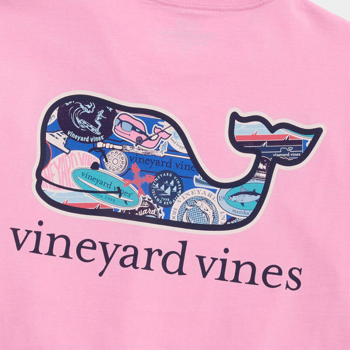 Close-up of Vineyard Vines whale logo on back with layered blue, teal, and pink nautical designs.