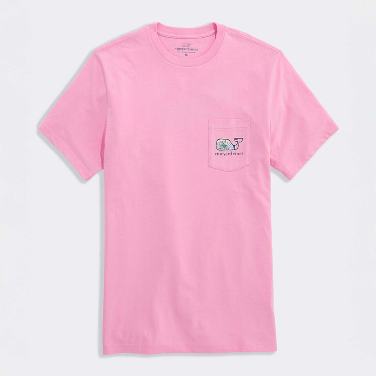 Pink Vineyard Vines short sleeve t-shirt with a chest pocket featuring the classic whale logo in a scenic graphic.