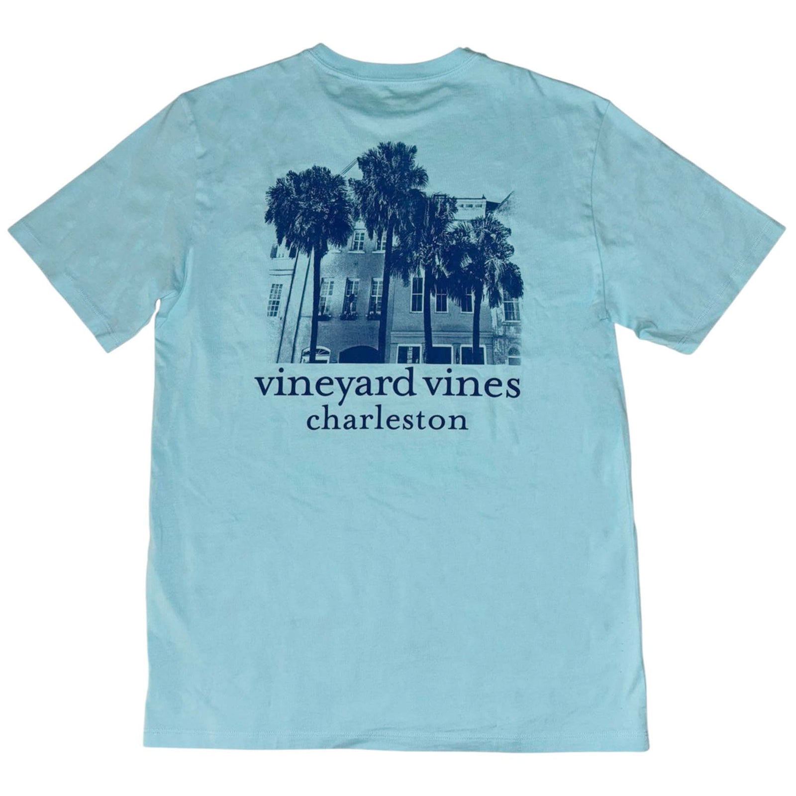 Light blue t-shirt with 'vineyard vines Charleston' graphic on a white background