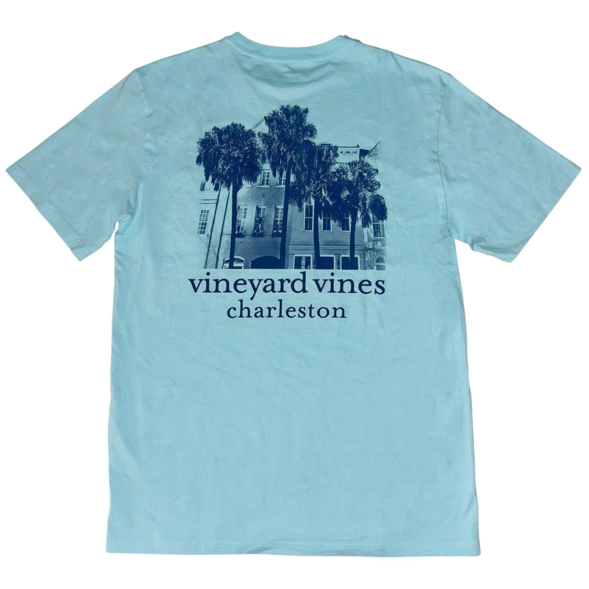 Light blue t-shirt with 'vineyard vines Charleston' graphic on a white background