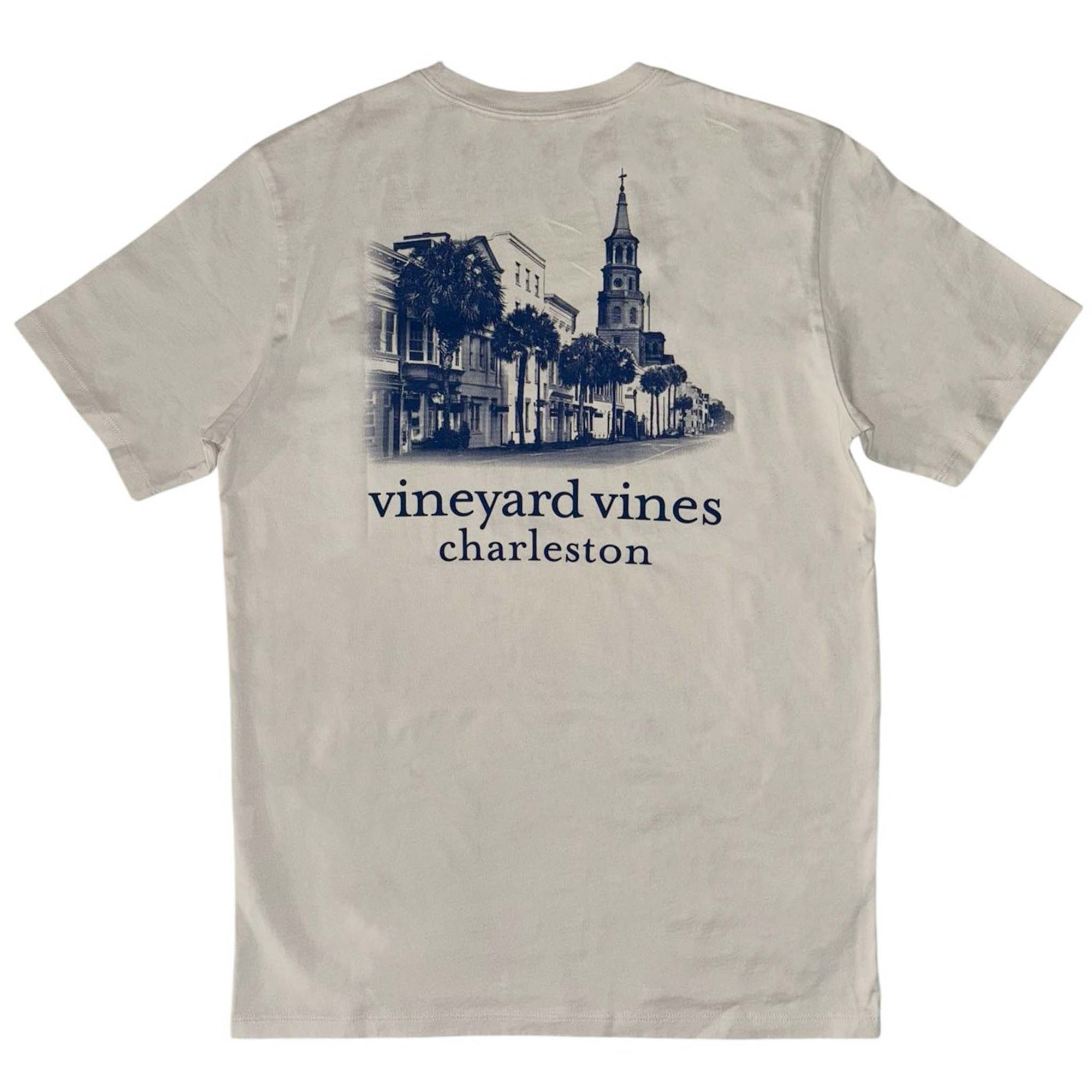 Beige t-shirt with Vineyard Vines Charleston graphic on a white background