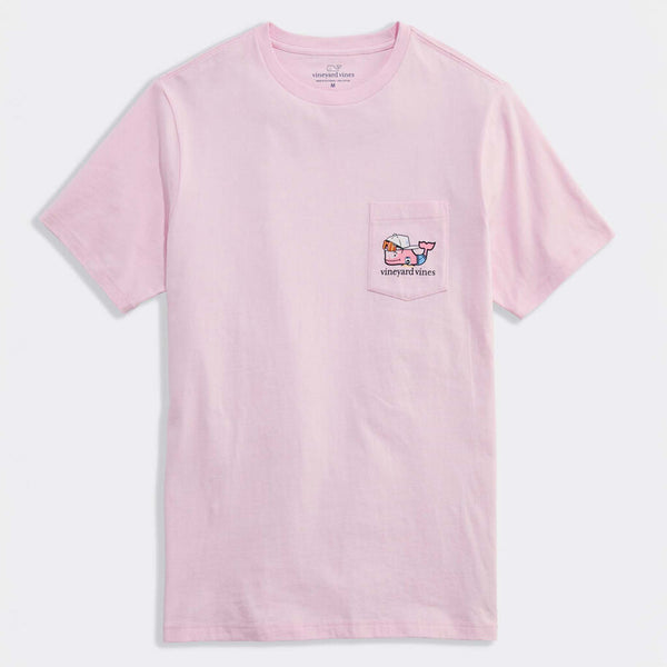 Pink t-shirt with a small Vineyard Vines logo on the chest against a white background