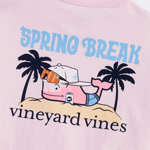 Pink shirt with 'Spring Break' and Vineyard Vines logo featuring a cartoon whale and palm trees.
