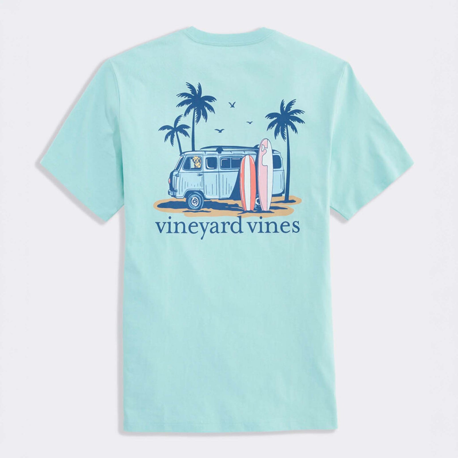 Light blue t-shirt with a graphic of a van, surfboards, and palm trees on the back, featuring the 'Vineyard Vines' brand.