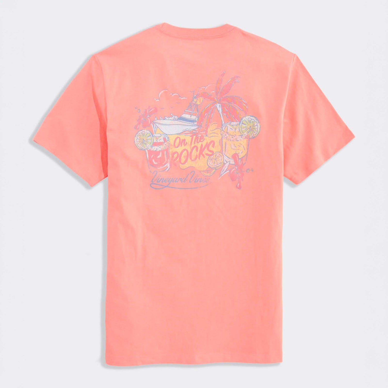 Coral t-shirt with a graphic design on the back against a light gray background