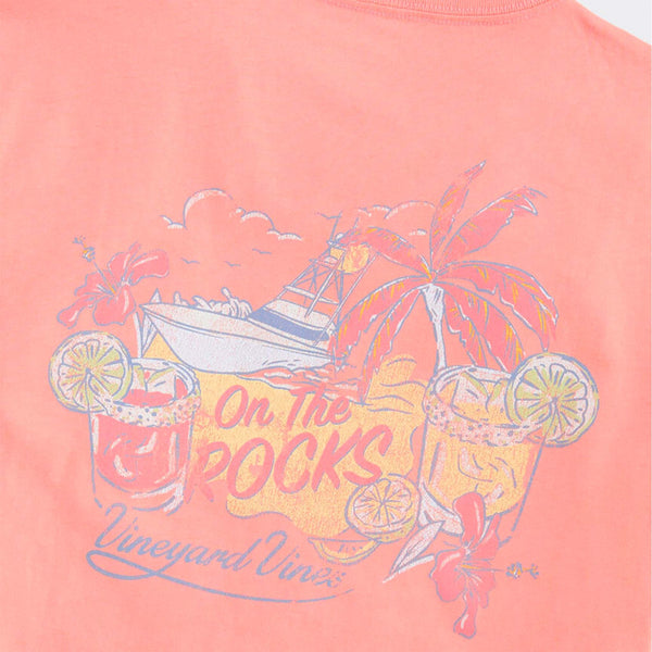 Pink t-shirt with 'On The Rocks' graphic design featuring a boat, cocktail, and palm tree.