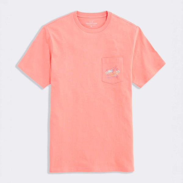 Coral t-shirt with a small pocket and graphic on a light gray background