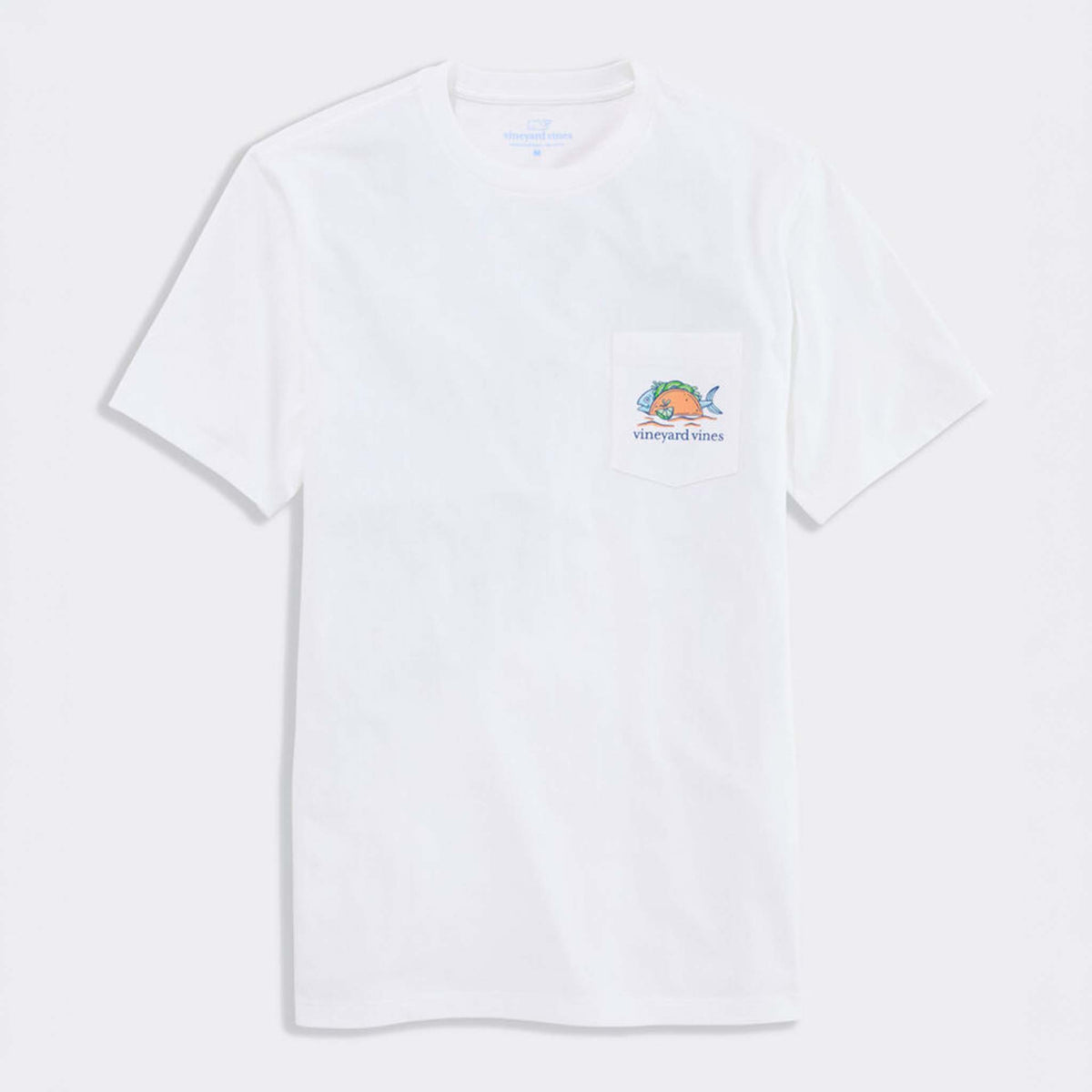 White t-shirt with a small logo on a white background
