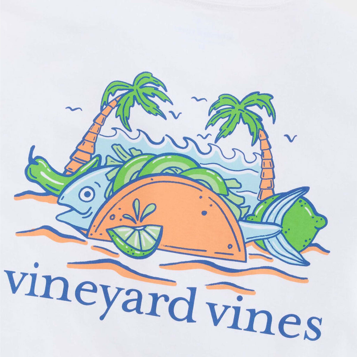 Vineyard Vines logo with fish, lime, and palm trees on a light blue background