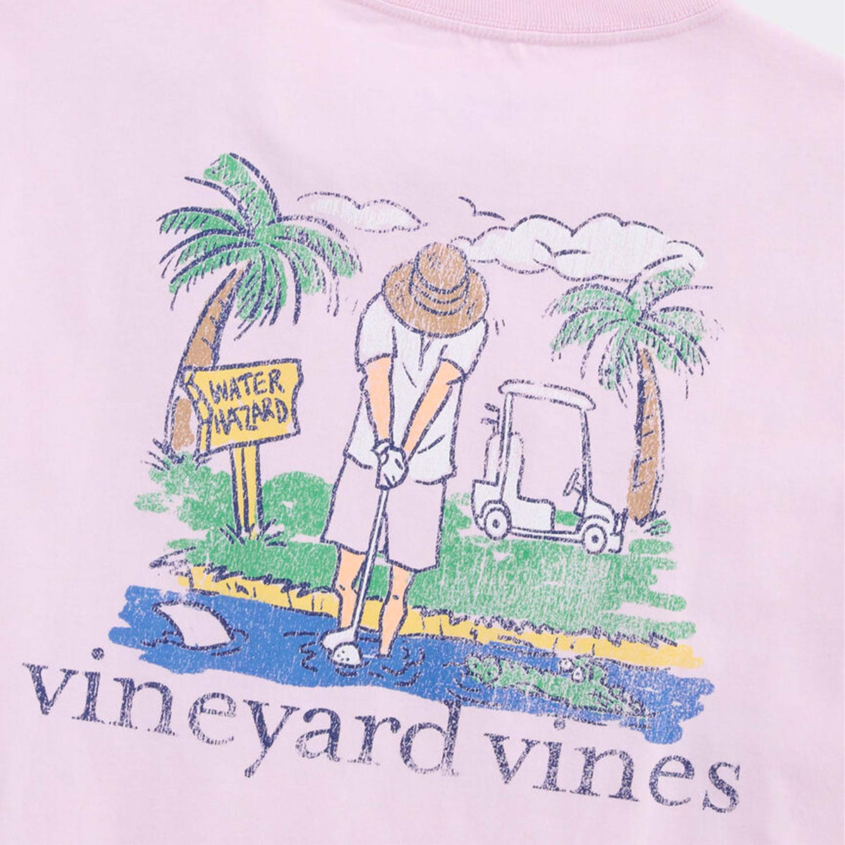 Vineyard Vines Short Sleeve Pocket T-Shirt in Pink Drink close-up of back graphic showing golfer, golf cart, and tropical setting.
