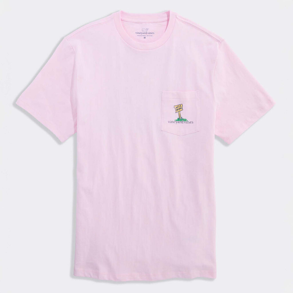 Vineyard Vines Short Sleeve Pocket T-Shirt in Pink Drink shown laid flat with crew neckline and chest pocket graphic.