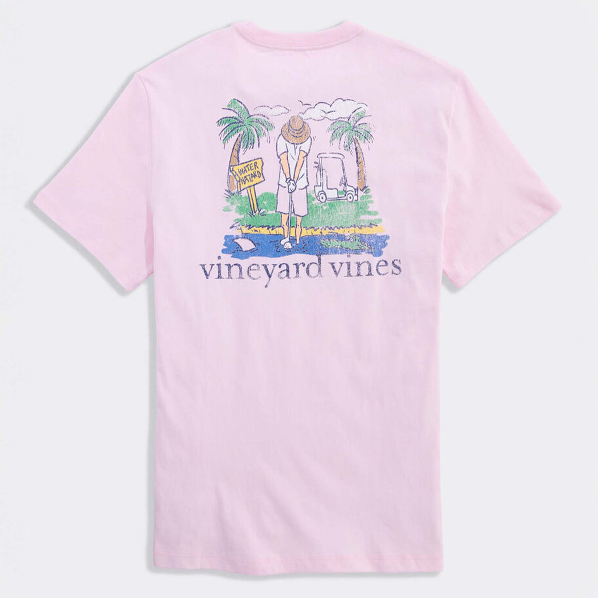 Vineyard Vines Short Sleeve Pocket T-Shirt in Pink Drink back view featuring illustrated golf scene with palm trees, water hazard sign, and vineyard vines logo.