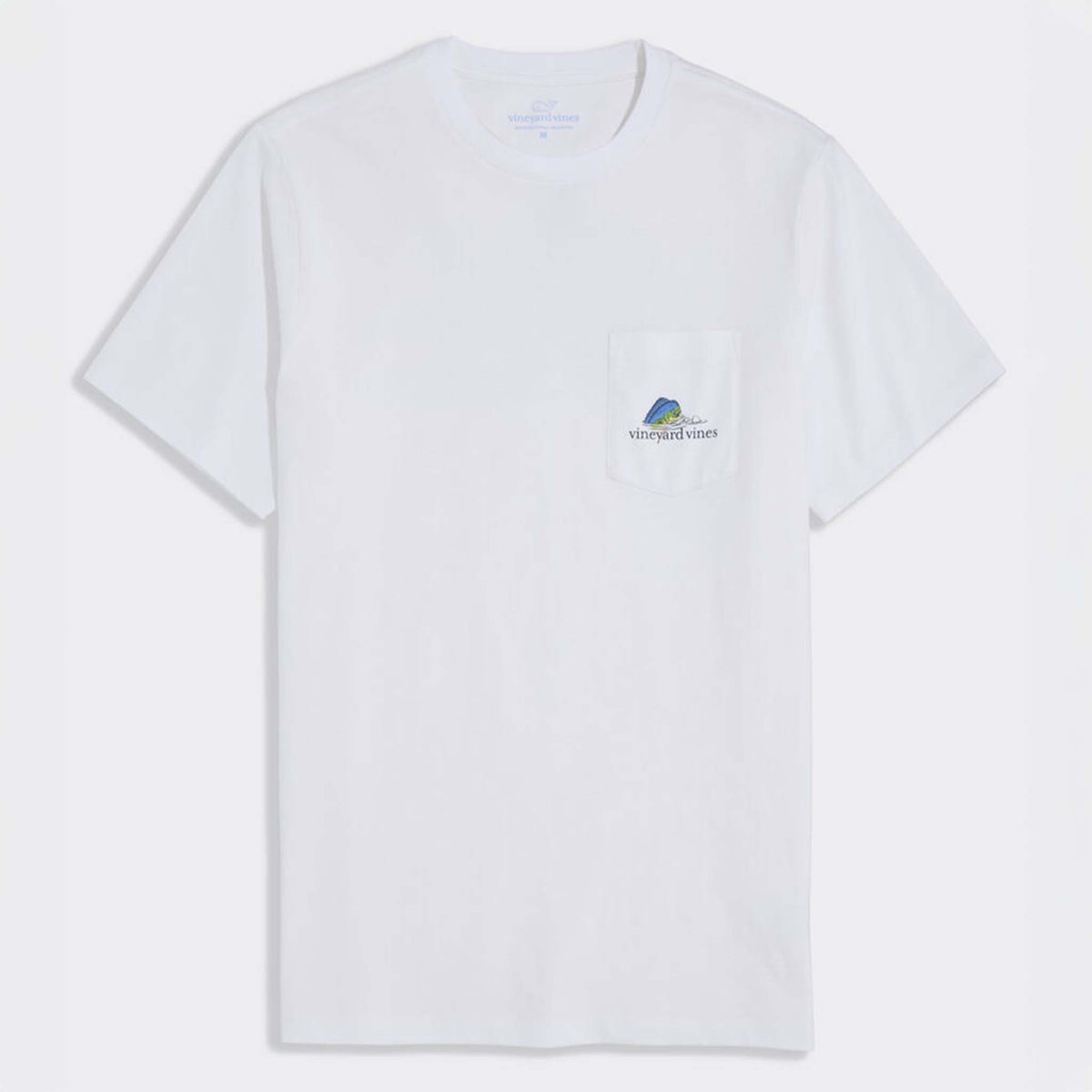 Vineyard Vines Short Sleeve Pocket T-Shirt in White Cap shown laid flat with crew neckline and chest pocket graphic.