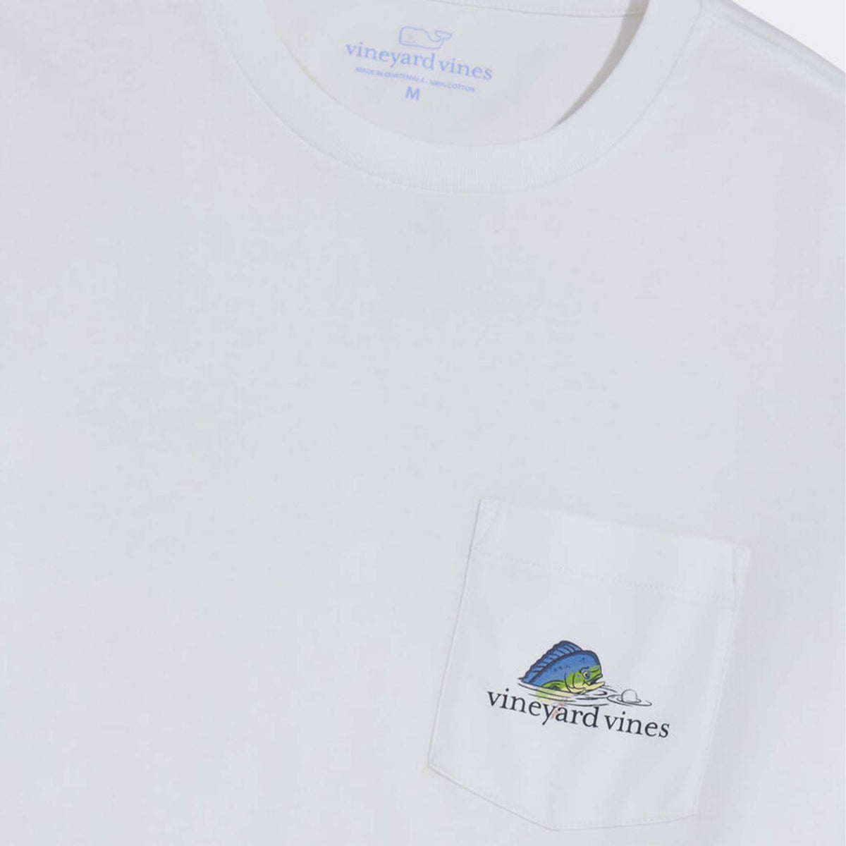 Vineyard Vines Short Sleeve Pocket T-Shirt in White Cap close-up of front chest pocket featuring colorful fish illustration and vineyard vines logo.
