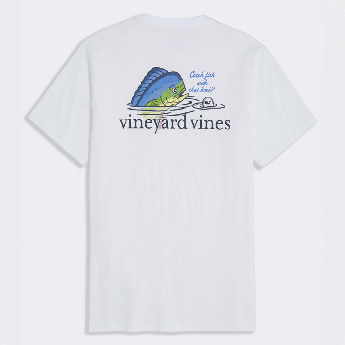 Vineyard Vines Short Sleeve Pocket T-Shirt in White Cap back view showing large fish graphic with vineyard vines text and playful fishing phrase.