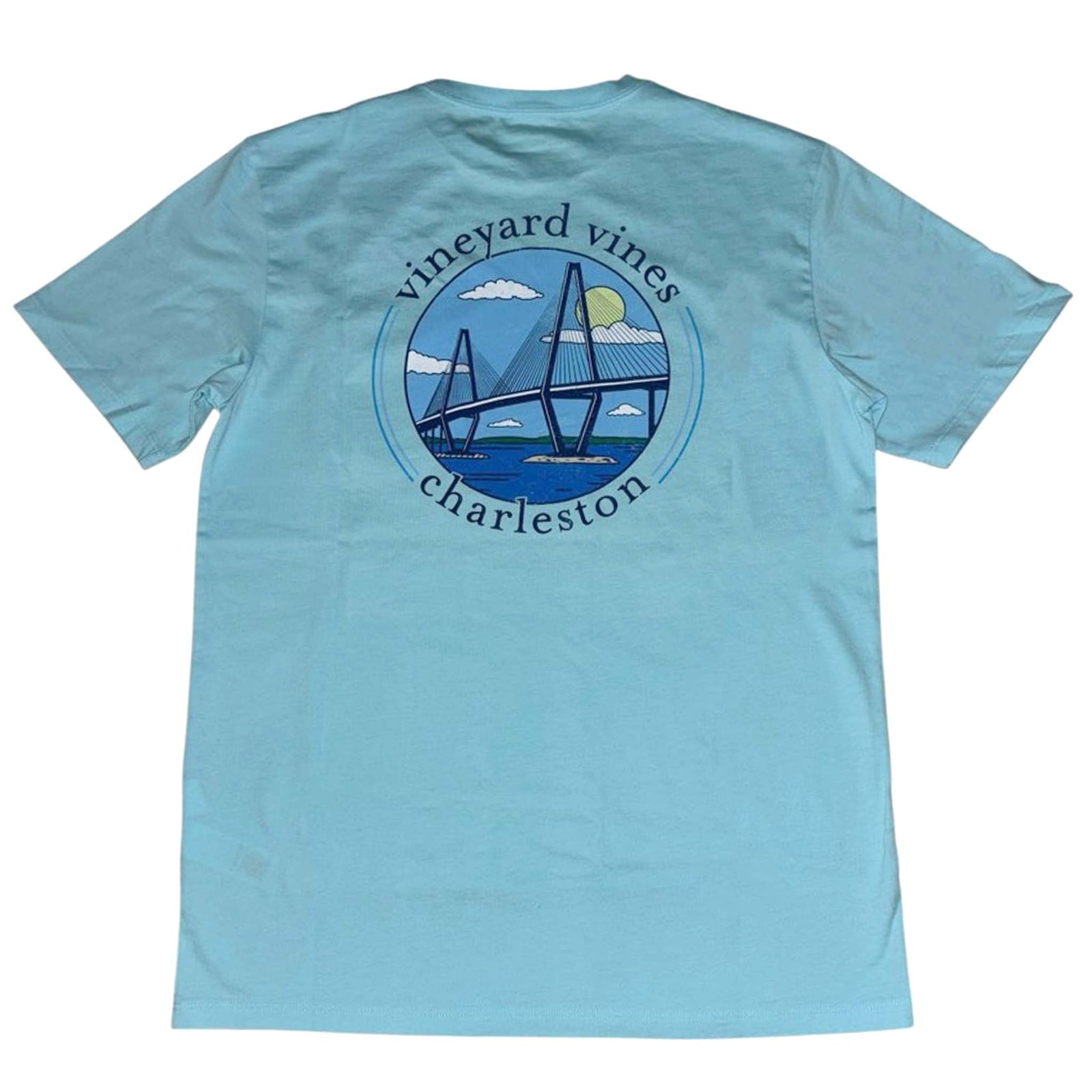 Vineyard Vines Charleston Aqua Splash t-shirt with back graphic of Ravenel Bridge, sun, and water inside a circular frame.
