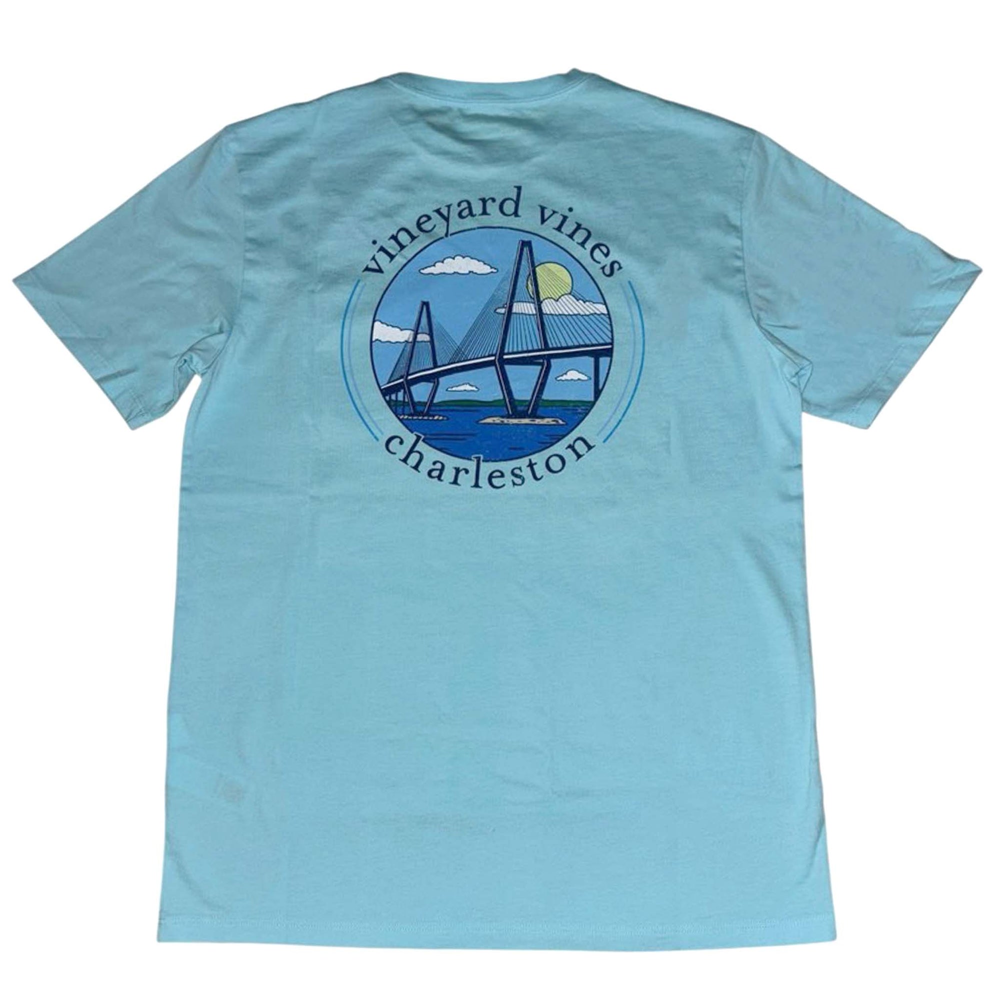 Vineyard Vines Charleston Aqua Splash t-shirt with back graphic of Ravenel Bridge, sun, and water inside a circular frame.