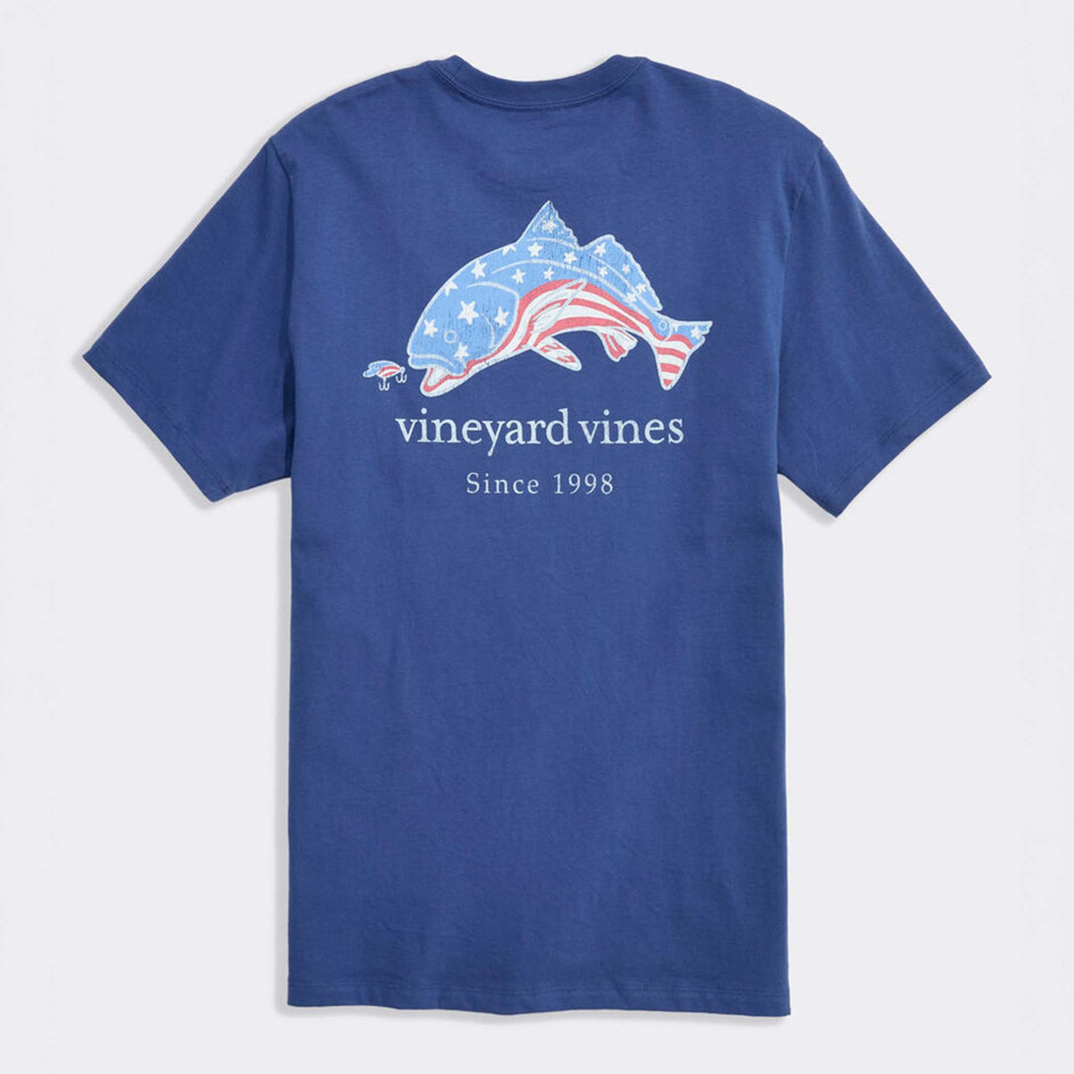 Blue t-shirt with an American flag filled fish graphic and 'Vineyard Vines' branding on a white background