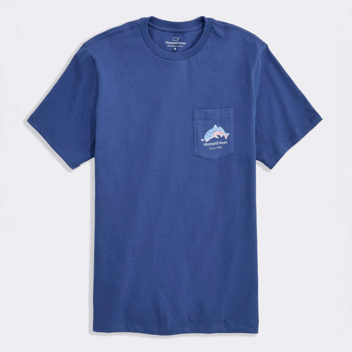 Blue t-shirt with an American flag filled fish graphic and 'Vineyard Vines' branding on a white background