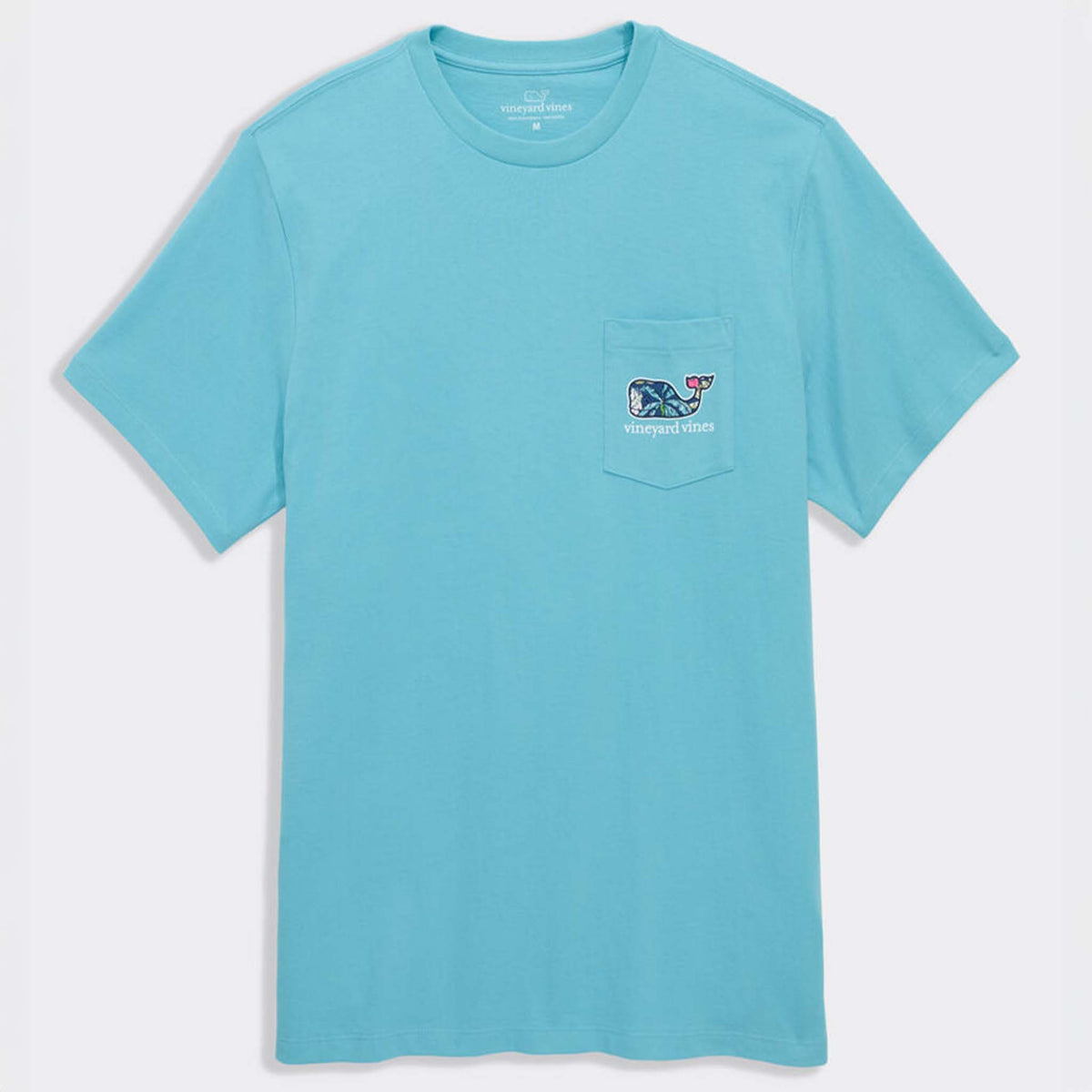 Vineyard Vines Short Sleeve Pocket T-Shirt in Turquoise shown laid flat with crew neckline and chest pocket featuring patterned whale graphic.