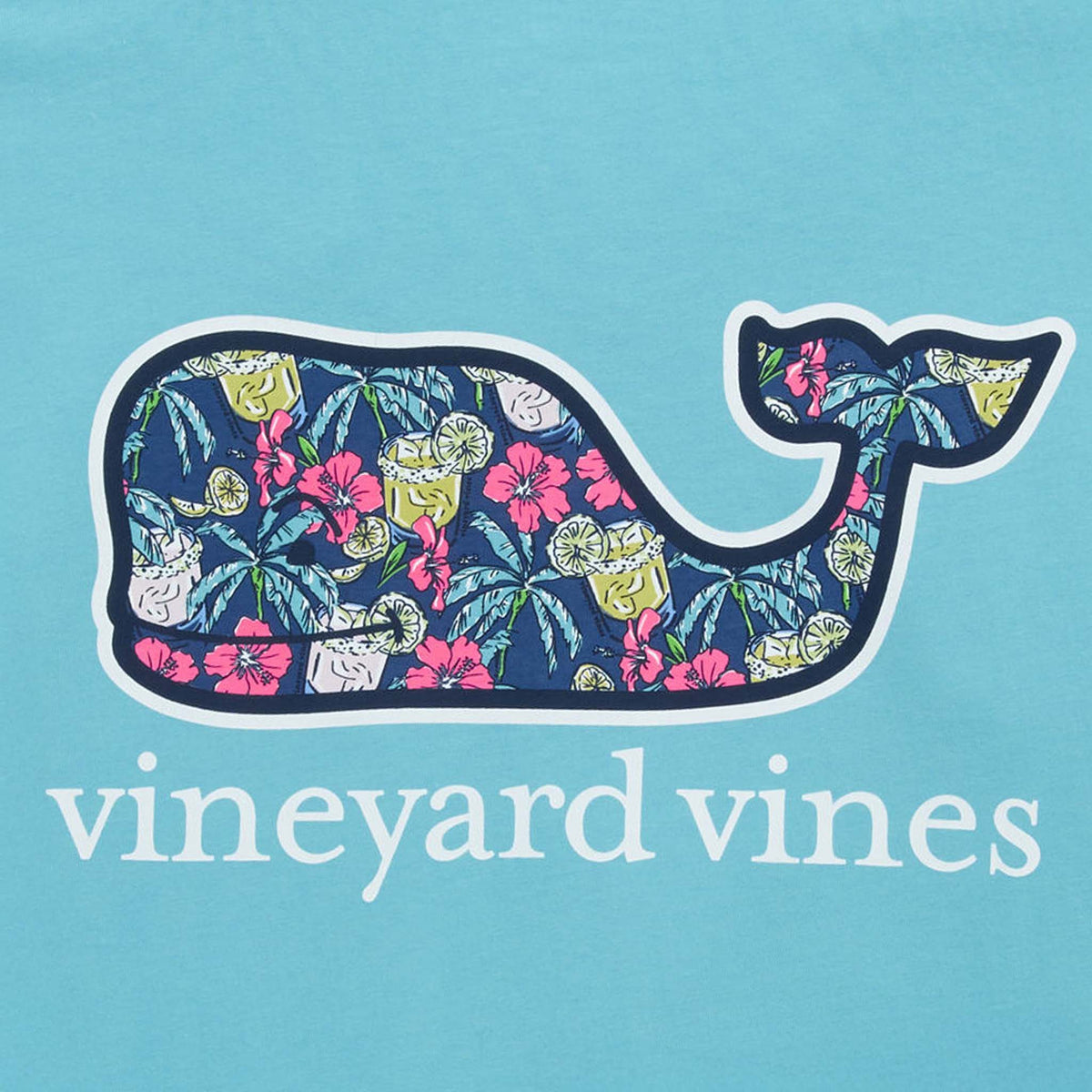 Vineyard Vines Short Sleeve Pocket T-Shirt in Turquoise close-up of back whale graphic showing tropical floral and drink pattern details.