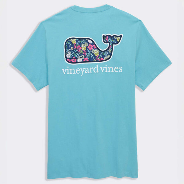 Vineyard Vines Short Sleeve Pocket T-Shirt in Turquoise back view featuring large patterned whale graphic with vineyard vines text.