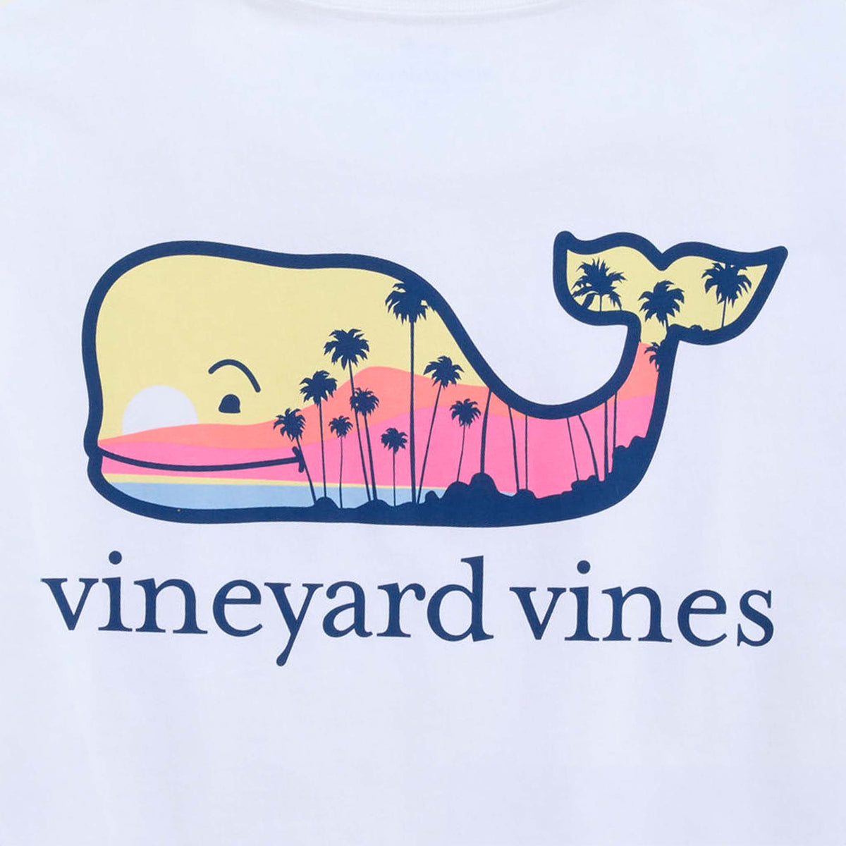 Vineyard Vines Short Sleeve Pocket T-Shirt in White Cap close-up of back graphic highlighting sunset colors, palm tree silhouettes, and whale design.