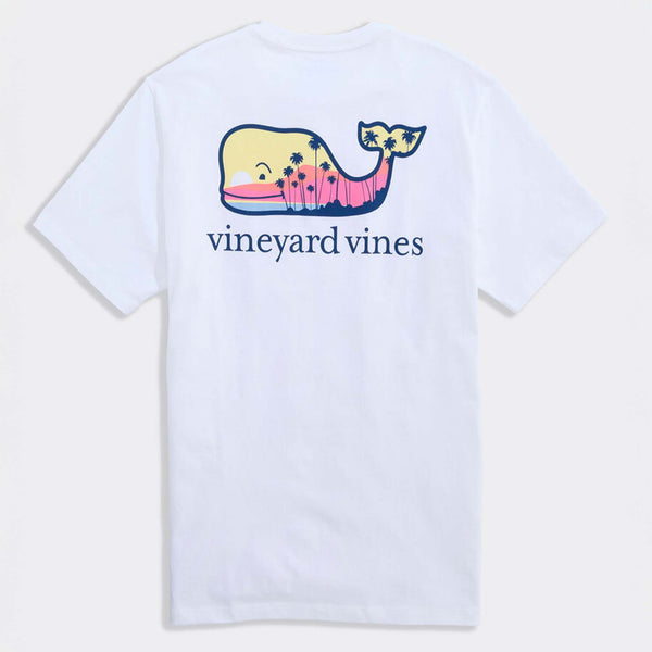 Vineyard Vines Short Sleeve Pocket T-Shirt in White Cap back view featuring sunset whale graphic with palm trees and vineyard vines text.
