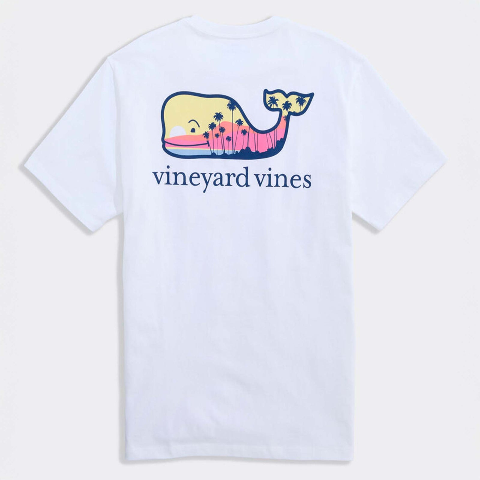 Vineyard Vines Short Sleeve Pocket T-Shirt in White Cap back view featuring sunset whale graphic with palm trees and vineyard vines text.