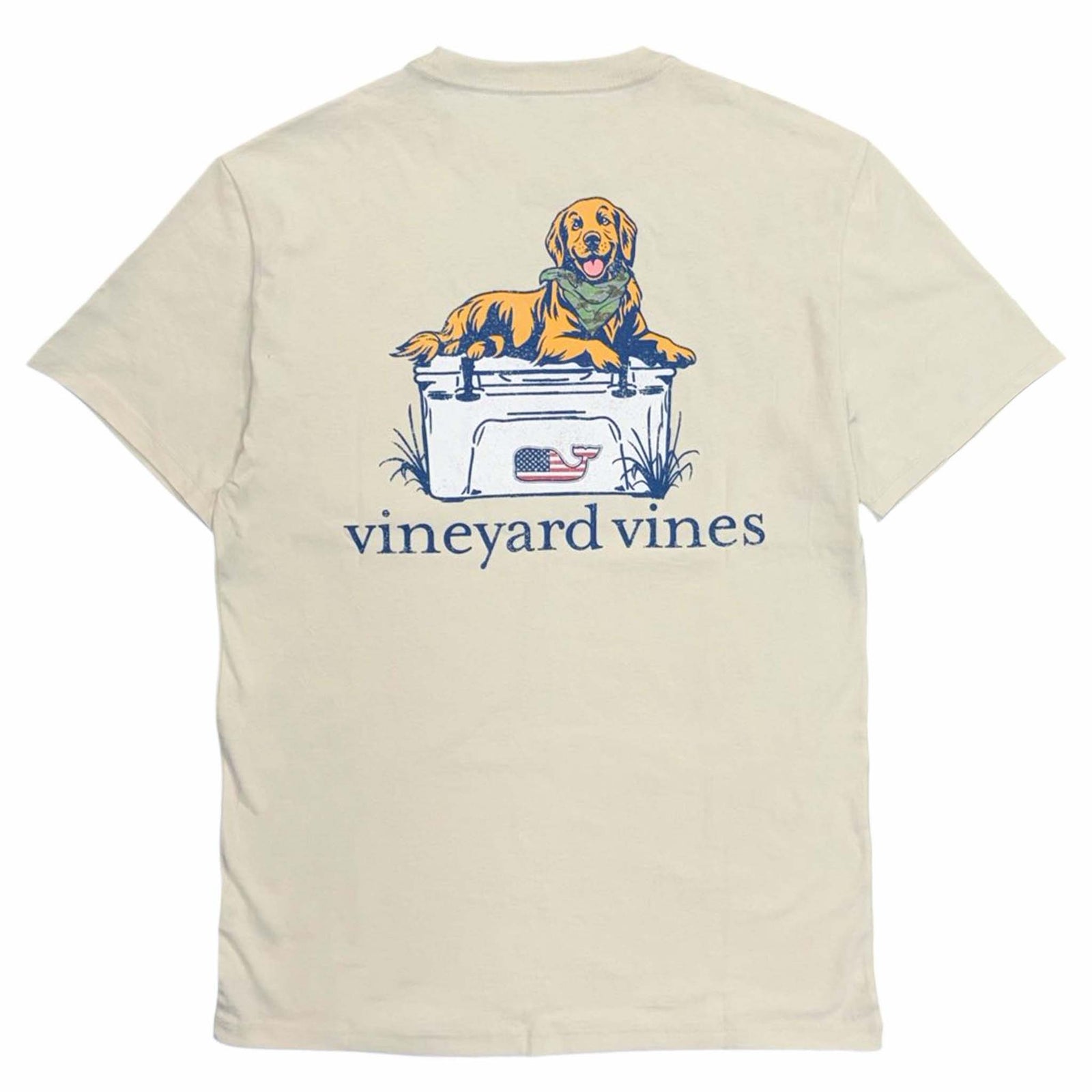 Beige t-shirt with a dog graphic and 'Vineyard Vines' branding shown on a white background