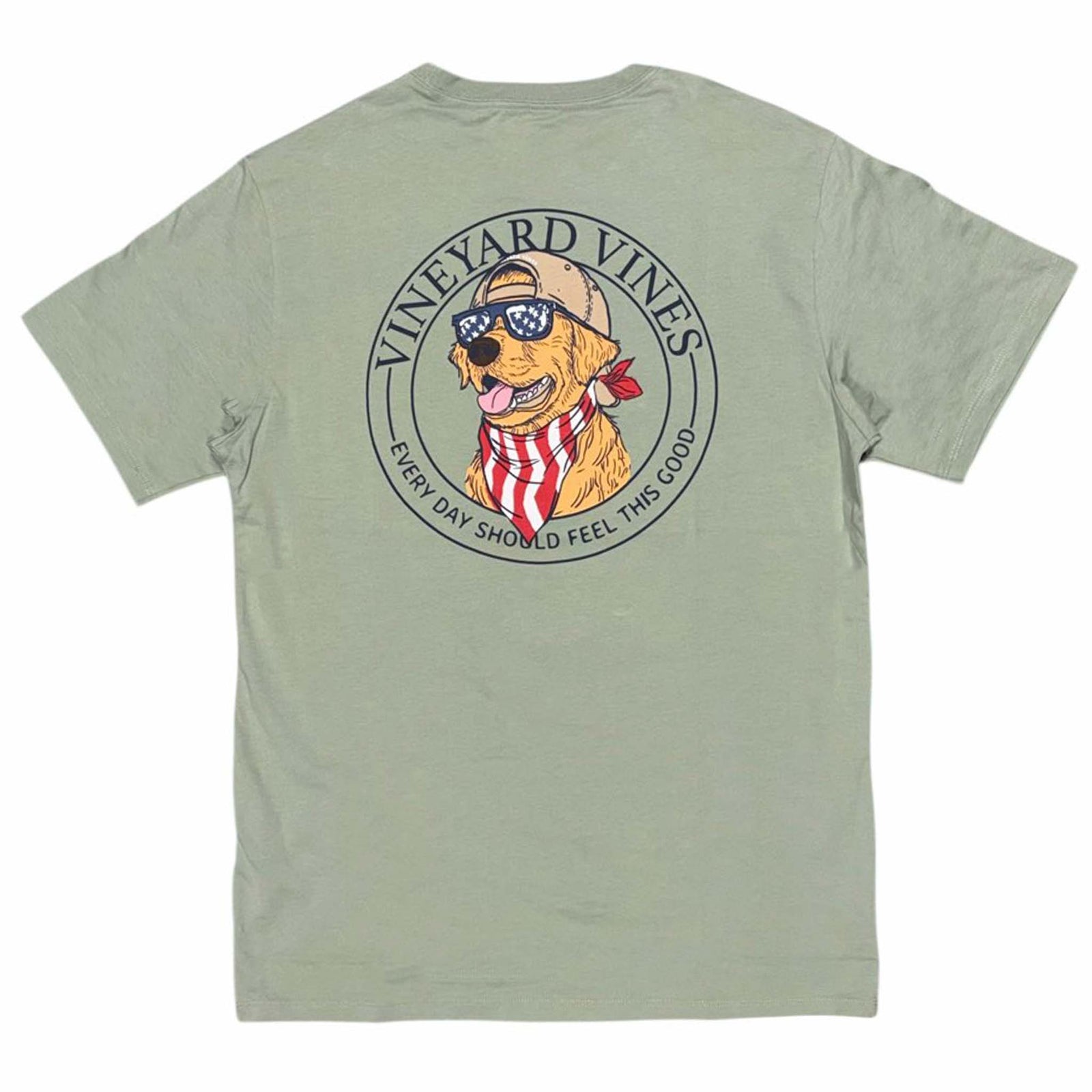 Green t-shirt with a patriotic dog graphic and 'Vineyard Vines' logo on the back.