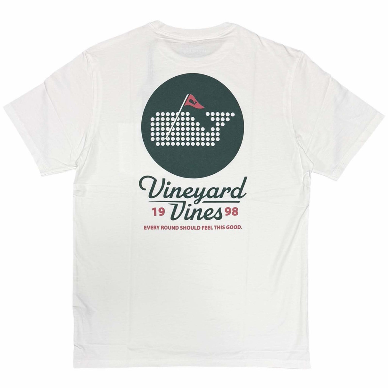 White t-shirt with Vineyard Vines logo and text on a white background
