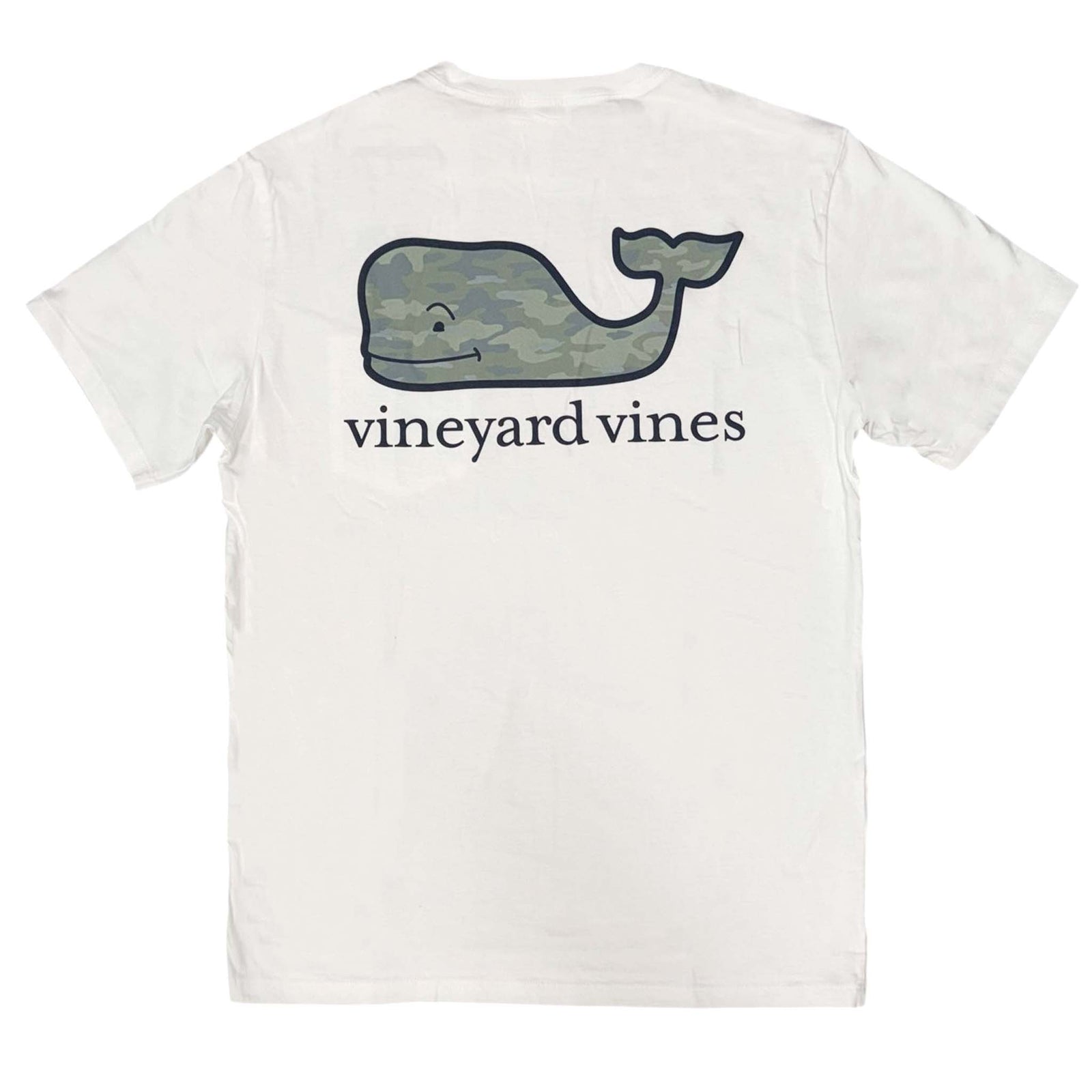 White t-shirt with a whale graphic and 'vineyard vines' text on a white background