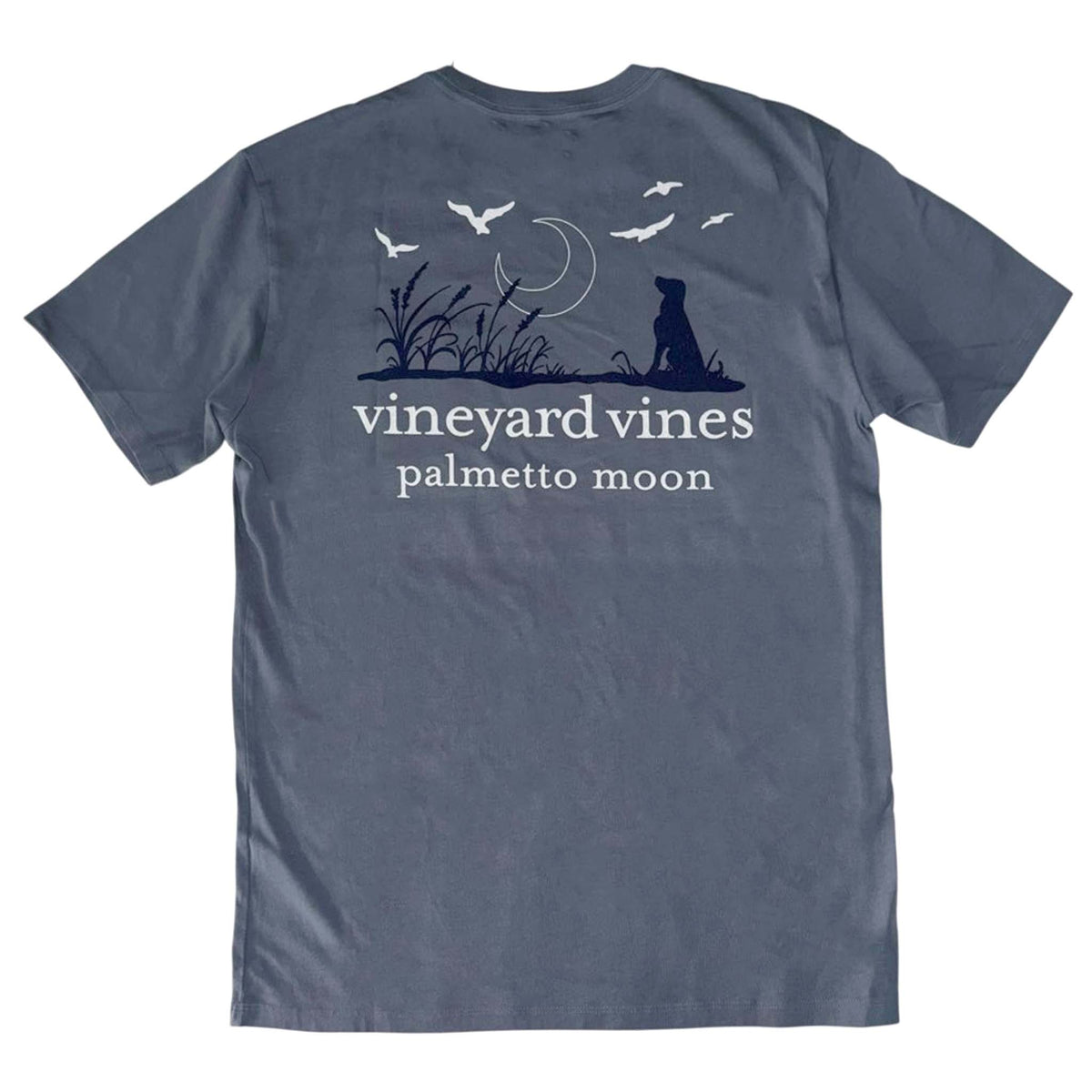 Blue t-shirt with 'Vineyard Vines' logo and design on a white background