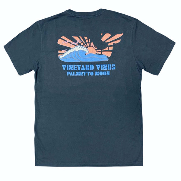 Navy blue t-shirt with a wave-filled whale graphic design on the back featuring 'Vineyard Vines Palmetto Moon' text.