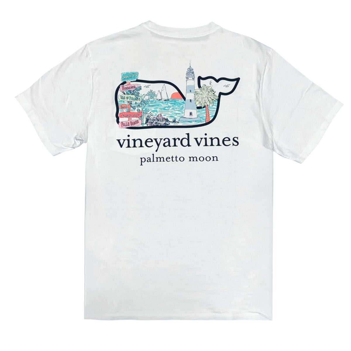 White t-shirt with colorful whale graphic and with coastal icons and 'Vineyard Vines' branding on a white background