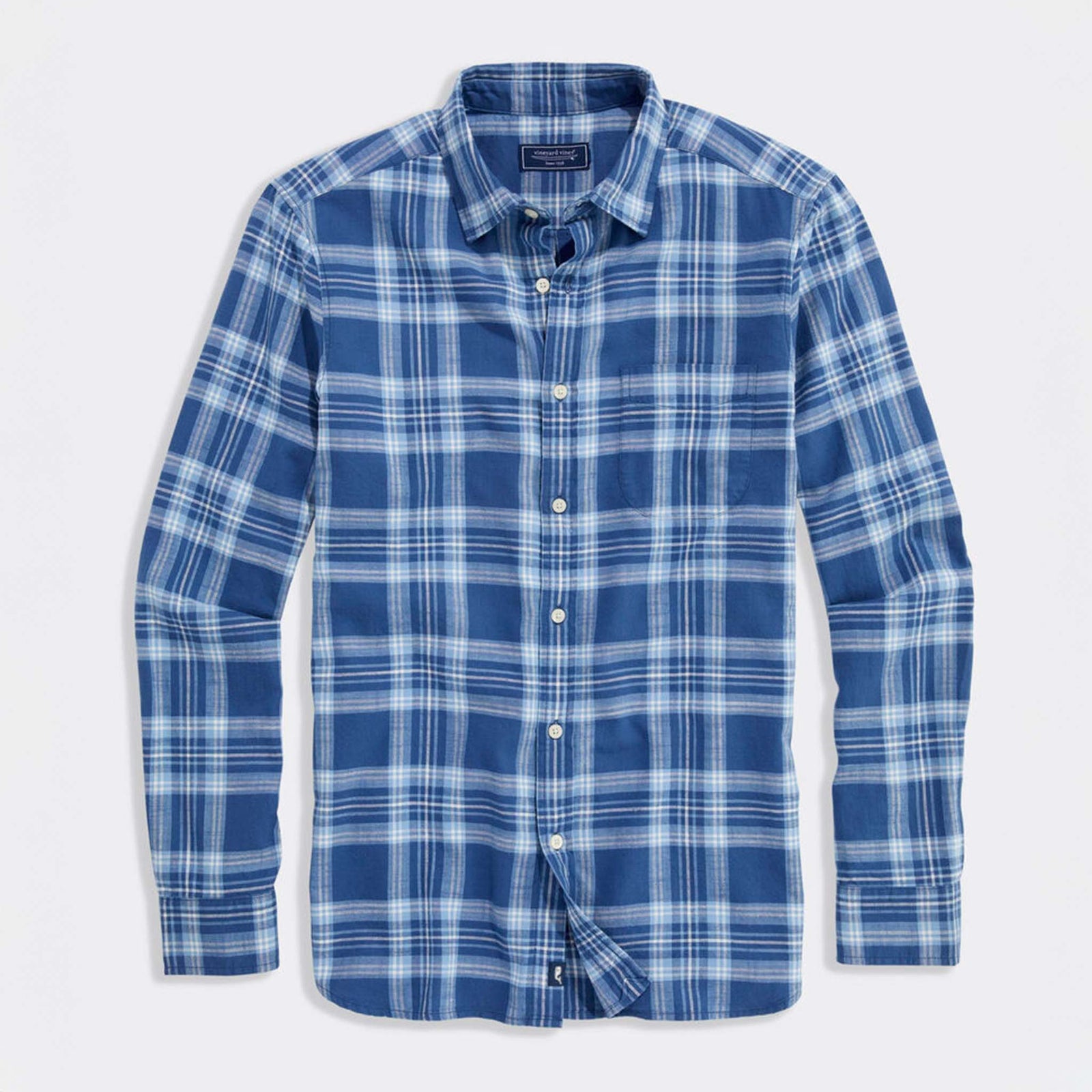 Full front view of long sleeve Vineyard Vines button-down shirt in blue plaid.