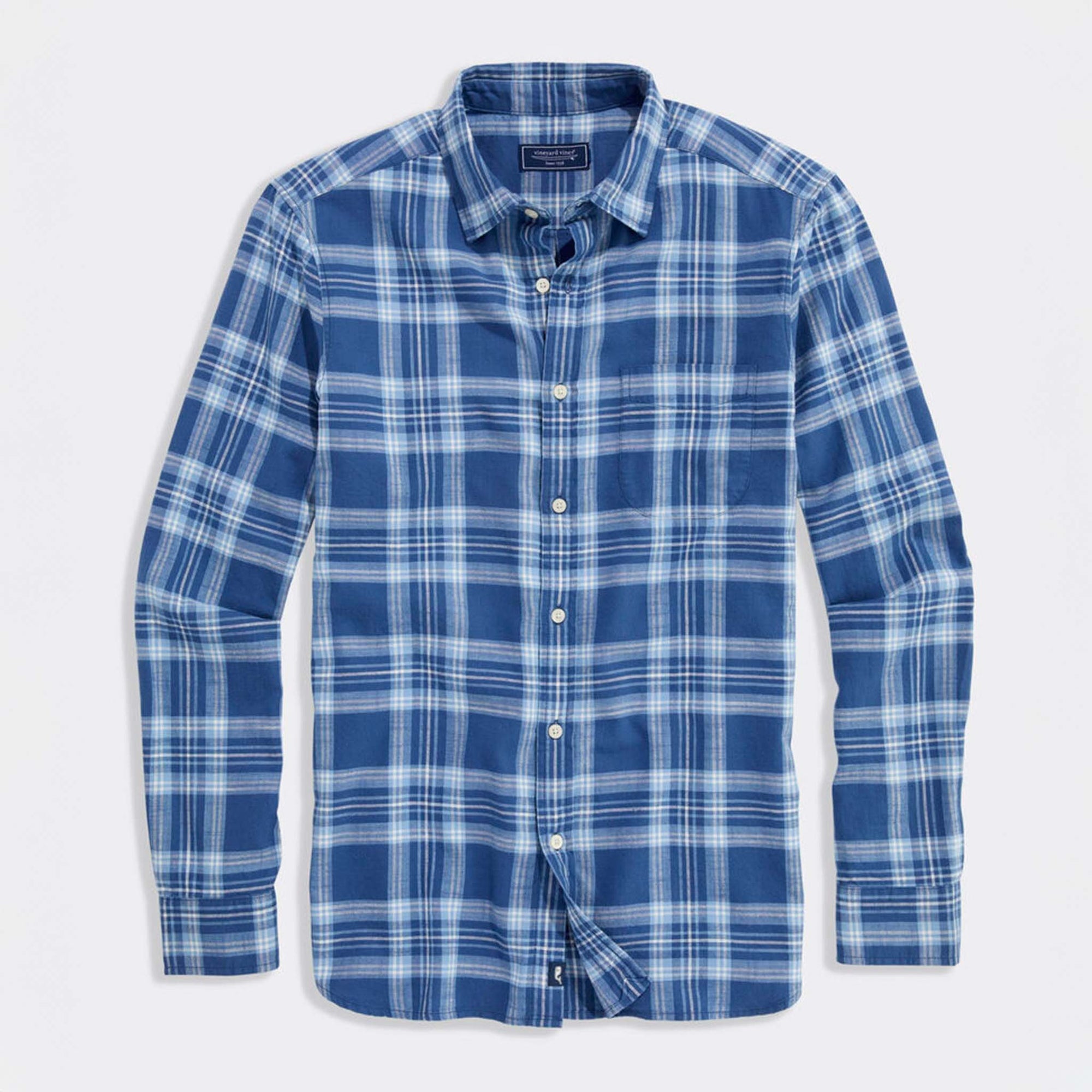 Full front view of long sleeve Vineyard Vines button-down shirt in blue plaid.