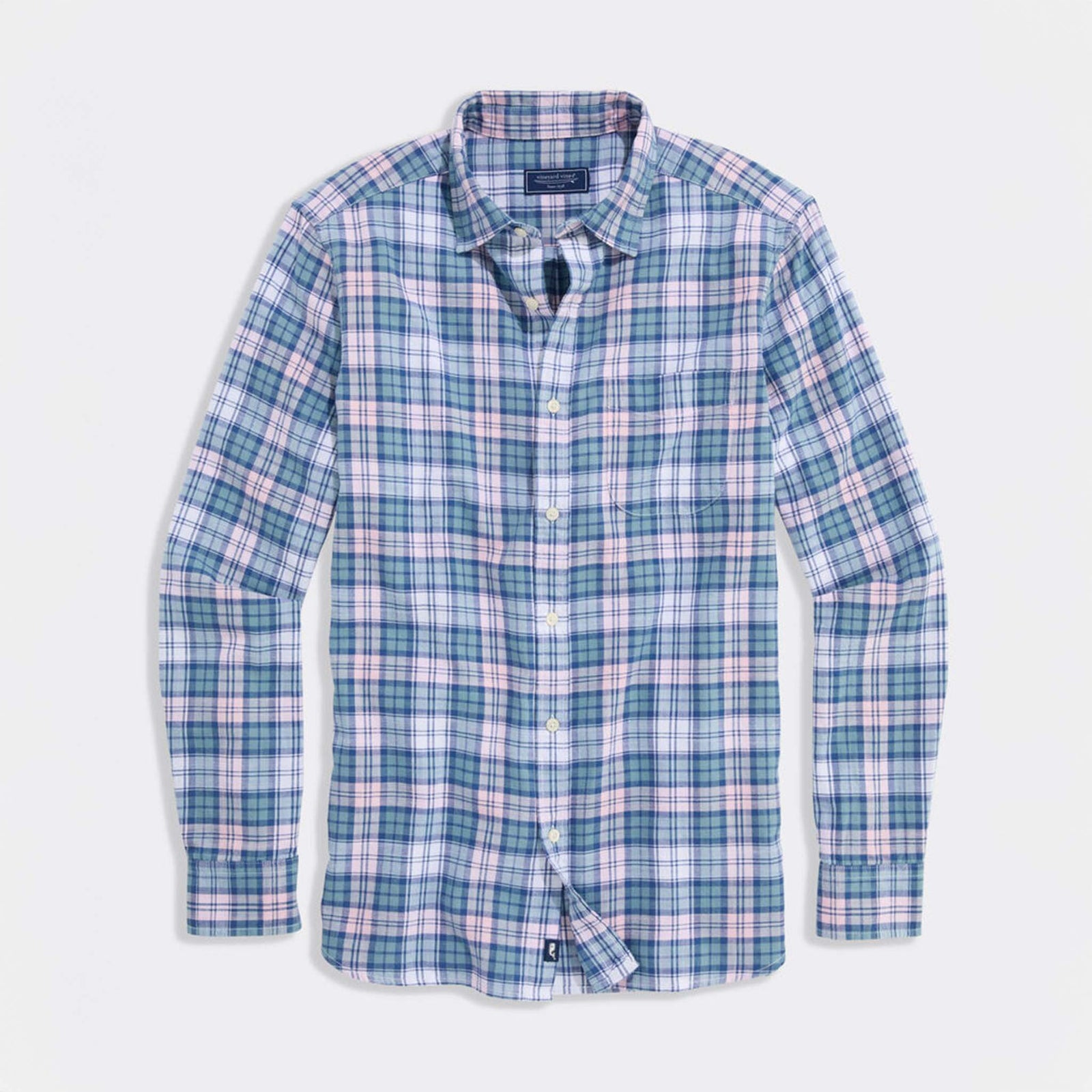 Full front view of long sleeve Vineyard Vines button-down shirt in blue, green, and pink plaid.