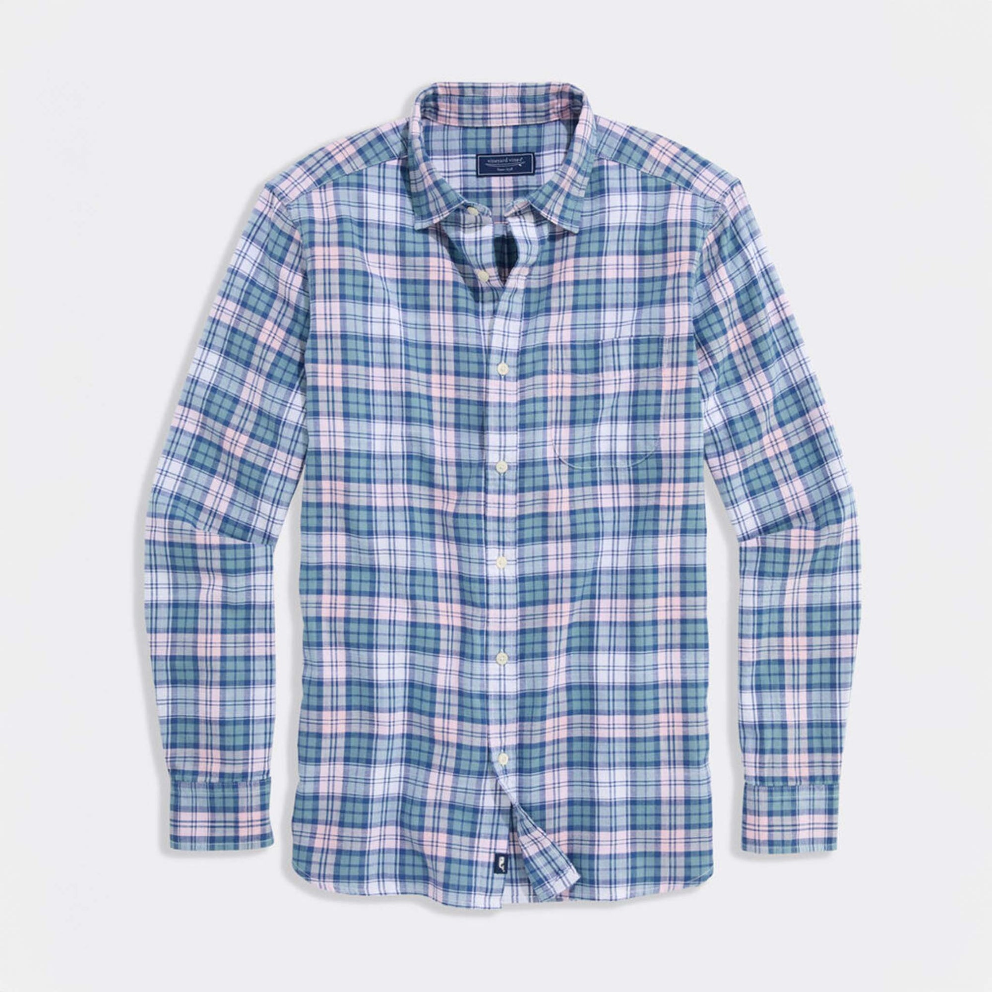 Full front view of long sleeve Vineyard Vines button-down shirt in blue, green, and pink plaid.
