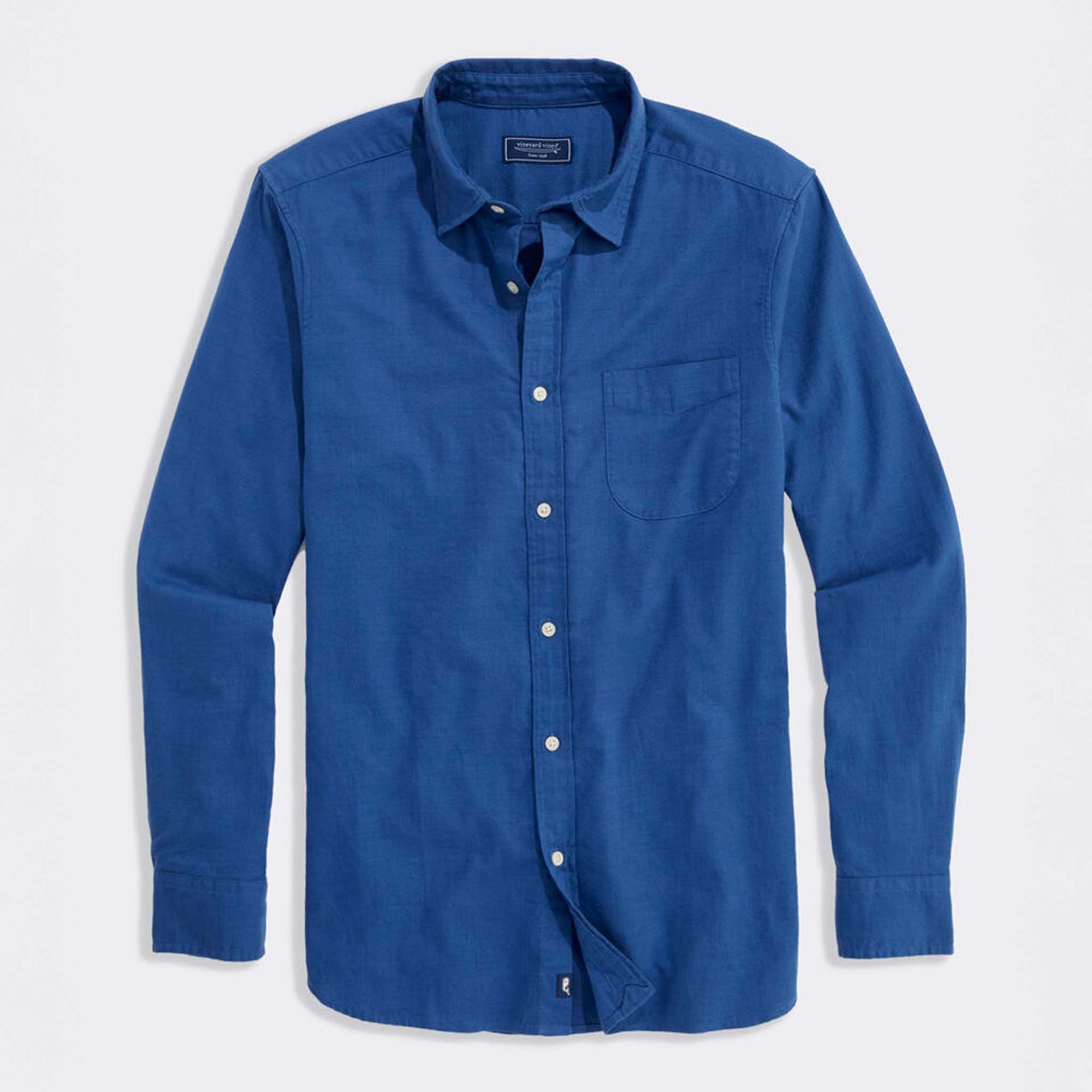 Full front view of Vineyard Vines solid Moonshine blue long sleeve button-down shirt with pocket.