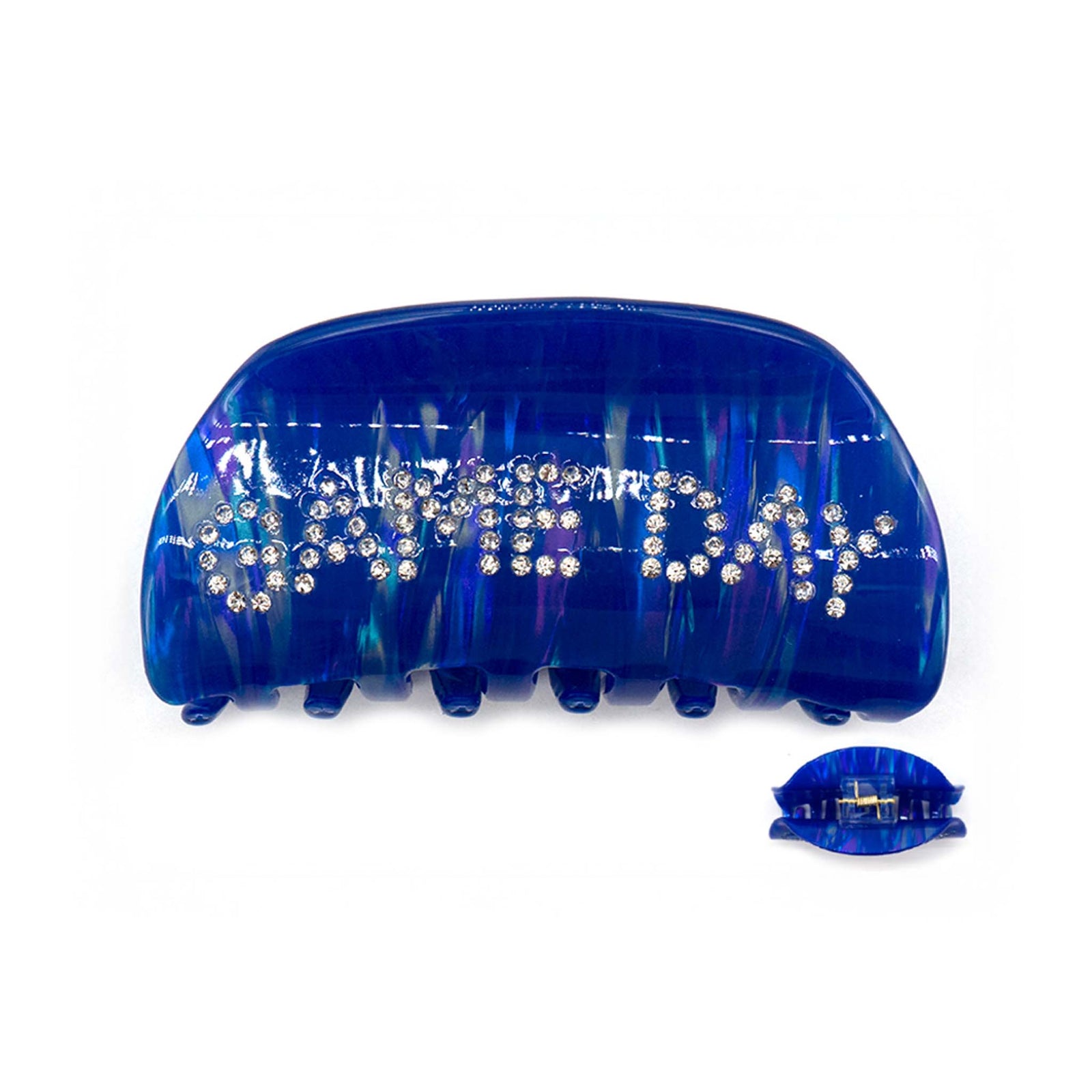 Blue claw hair clip with rhinestone design detail across the front.